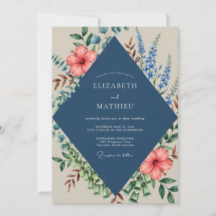 Navy Peach Hibiscus Eucalyptus Wedding Invitation