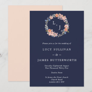 Navy & Peach Monogram Floral Wreath Wedding Invitation