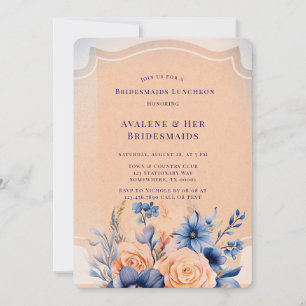 Navy Peach Painted Floral Bridesmaids Luncheon Invitation