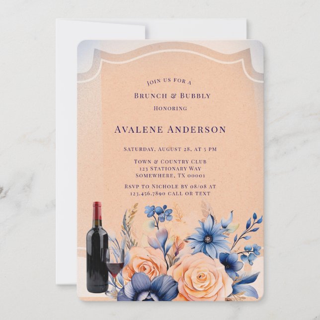 Navy Peach Painted Floral Brunch & Bubbly Invitation (Front)