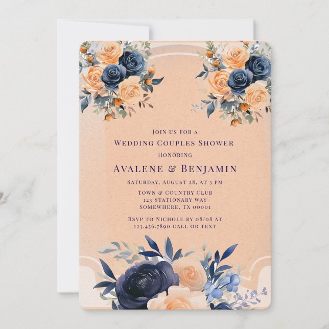 Navy Peach Painted Floral Wedding Couples Shower Invitation (Front)