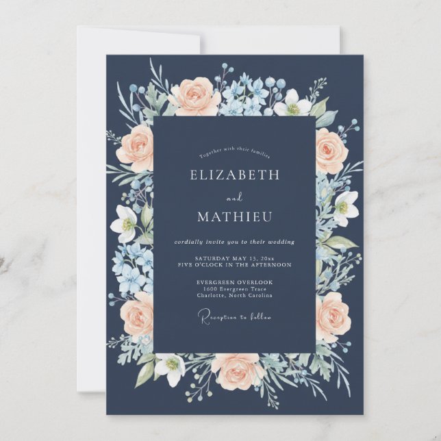 Navy Peach Romantic Floral Wedding Invitation (Front)