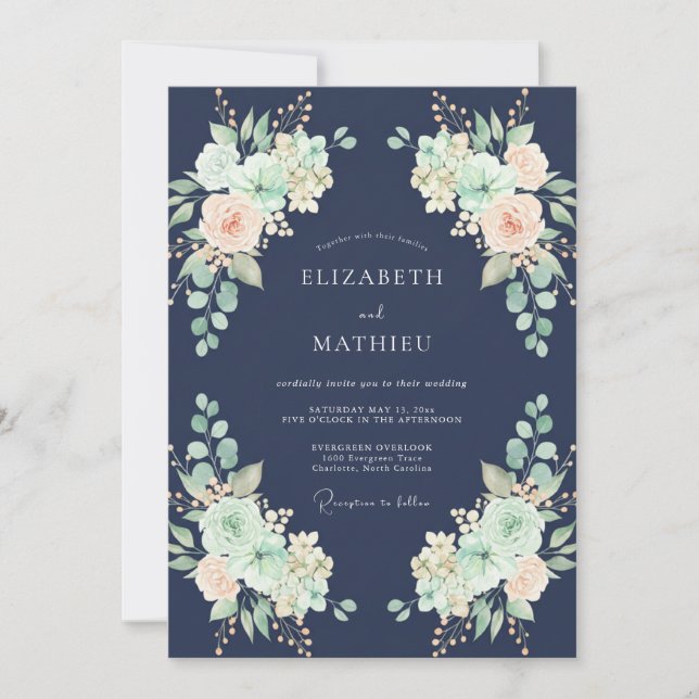 Navy Peach Watercolor Wedding Invitation (Front)