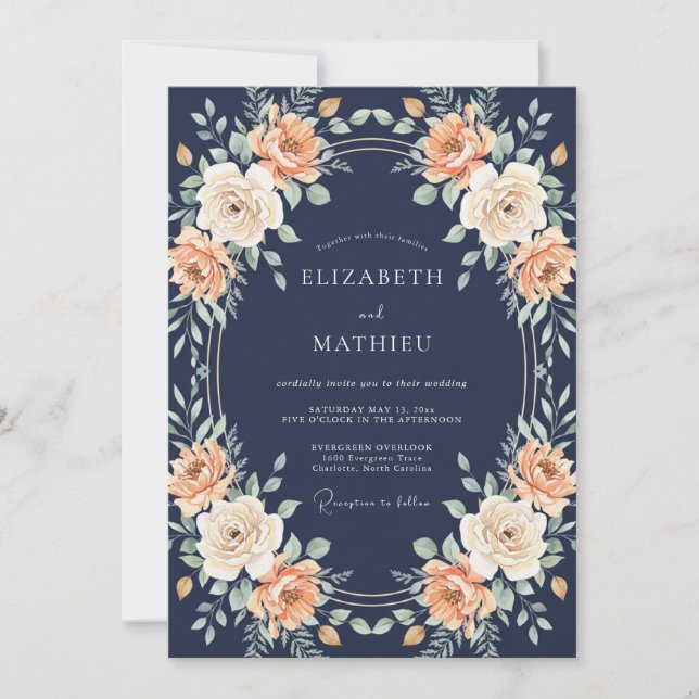 Navy Peachy Rose Botanical Wedding Invitation (Front)