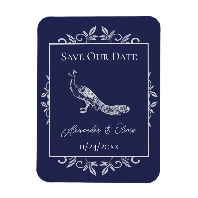 Navy Peacock Flourish Save The Date Magnet (Vertical)