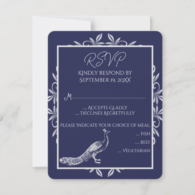 Navy Peacock Flourish Wedding RSVP Card (Front)
