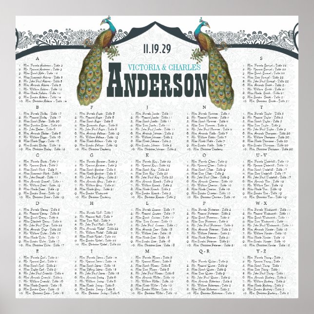 Navy  Peacock Love Bird Seating Chart (Front)