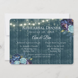 Navy Peonies and Turquoise Rose Rehearsal Dinner Invitation