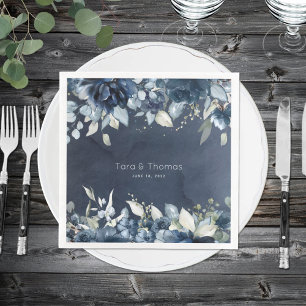 Navy Peonies Dusty Blue Eucalyptus Wedding Napkin