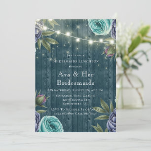 Navy Peonies & Turquoise Rose Bridesmaids Luncheon Invitation