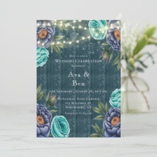 Navy Peonies & Turquoise Rose Wedding Celebration Invitation