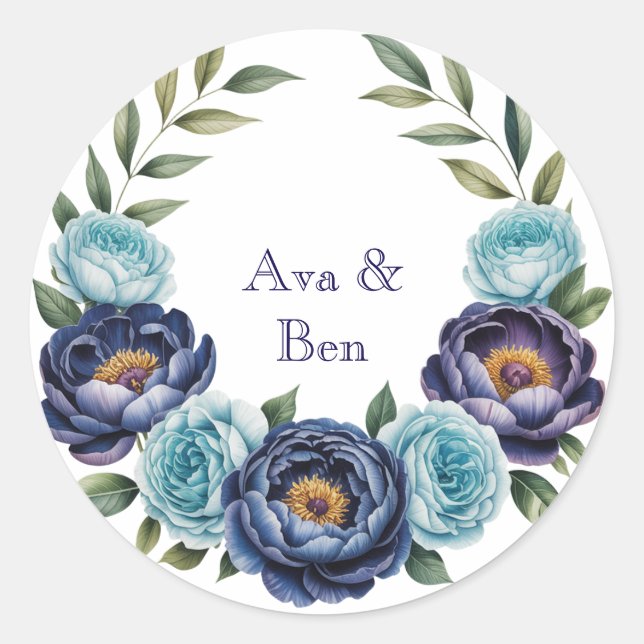 Navy peony and turquoise Roses Floral Wedding Classic Round Sticker (Front)