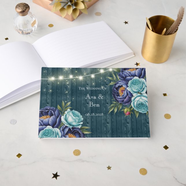 Navy peony and turquoise Roses Floral Wedding Guest Book (Front Open)