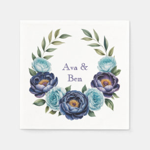 Navy peony and turquoise Roses Floral Wedding Napkin