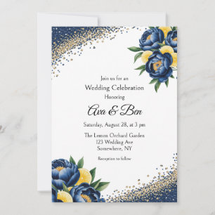 Navy Peony Citrus Paint Floral Wedding Celebration Invitation
