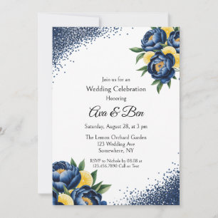 Navy Peony Citrus Paint Floral Wedding Celebration Invitation