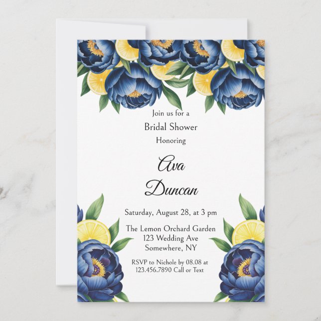 Navy Peony Citrus Painted Floral Bridal Shower Invitation (Front)