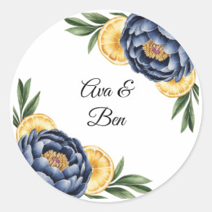 Navy Peony Citrus Watercolor Floral Wedding Classic Round Sticker