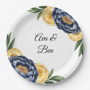 Navy Peony Citrus Watercolor Floral Wedding Paper Plate