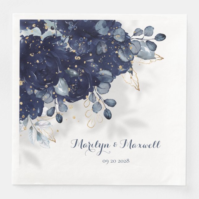 Navy Peony Eucalyptus Gold Splatter Floral Shadow Napkin (Front)
