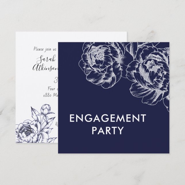 Navy Peony Simple Engagement Party Invitation (Front/Back)
