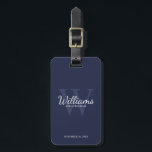 Navy Personalize Groomsmen's name and Monogram  Luggage Tag<br><div class="desc">Add a personal touch to your wedding with personalized groomsmen luggage tag. This luggage tag features personalized groomsman's name in white classic script font style with wedding details in white classic serif font style and monogram in light navy blue classic serif font style as background, on navy blue background. Also...</div>