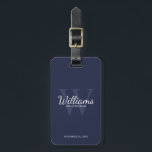 Navy Personalize Groomsmen's name and Monogram  Luggage Tag<br><div class="desc">Add a personal touch to your wedding with personalized groomsmen luggage tag. This luggage tag features personalized groomsman's name in white classic script font style with wedding details in white classic serif font style and monogram in light navy blue classic serif font style as background, on navy blue background. Also...</div>