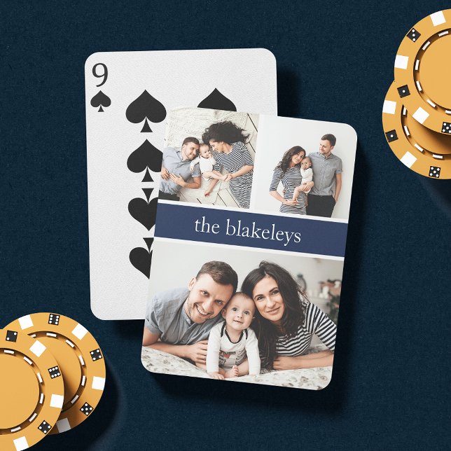 Navy | Personalized Family Name Photo Collage Playing Cards (Creator Uploaded)