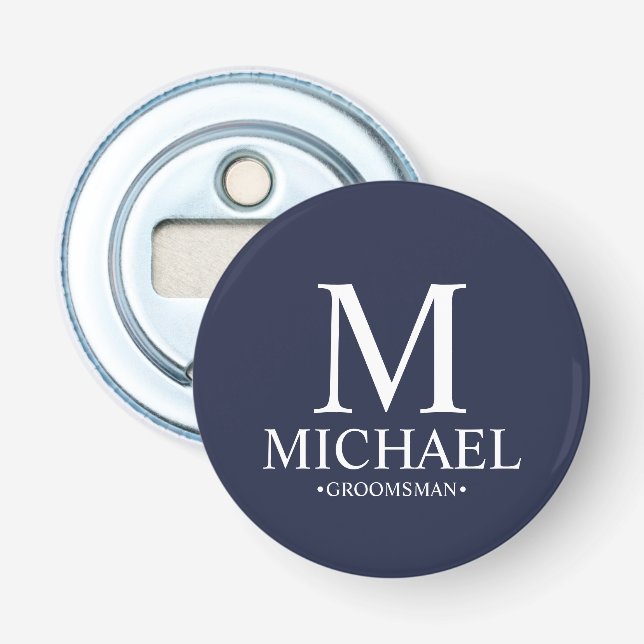 Navy Personalized Groomsman Name and Monogram Bottle Opener (Front)