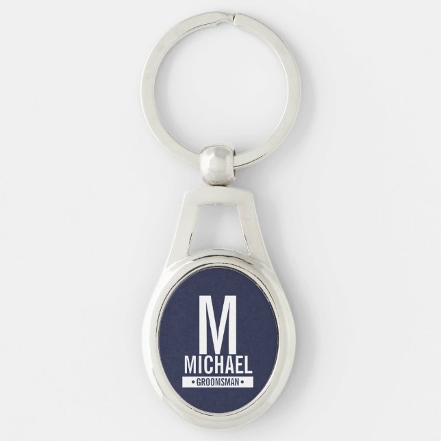 Navy Personalized Groomsman's Monogram and Name Keychain (Front)