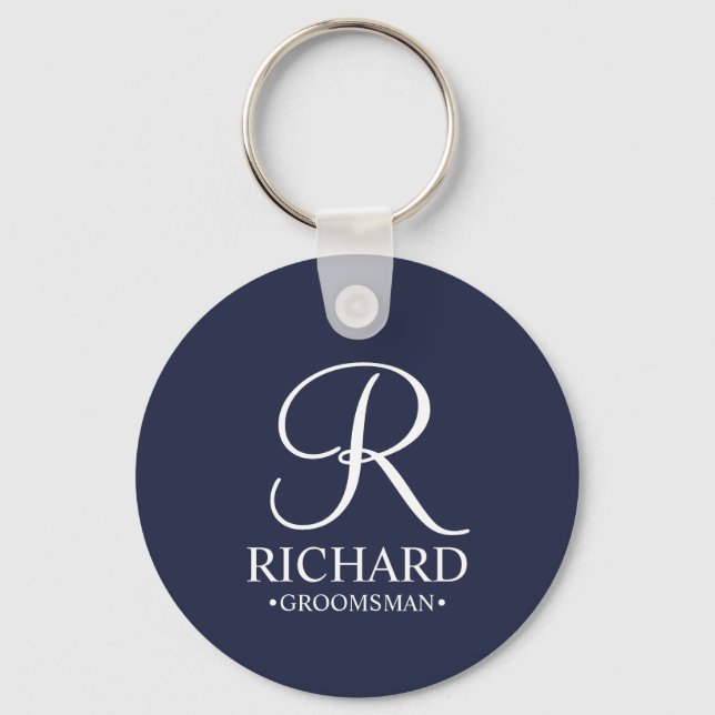 Navy Personalized Groomsman's Name and Monogram Keychain (Front)