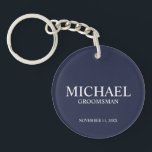 Navy Personalized Groomsman's Name and Monogram Keychain<br><div class="desc">Modern Personalized Groomsman Gifts
featuring personalized groomsman's name,  title and wedding date in white classic serif font style on navy blue background.

Also perfect for Best Man,  Father of the Bride and more.</div>