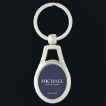 Navy Personalized Groomsman's Name and Monogram Keychain<br><div class="desc">Modern Personalized Groomsman Gifts
featuring personalized groomsman's name,  title and wedding date in white classic serif font style on navy blue background.

Also perfect for Best Man,  Father of the Bride and more.</div>