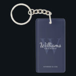 Navy Personalized Groomsmen's name and Monogram  Keychain<br><div class="desc">Add a personal touch to your wedding with personalized groomsmen keychain. This keychain features personalized groomsman's name in white classic script font style with wedding details in white classic serif font style and monogram in light navy blue classic serif font style as background, on navy blue background. Also perfect for...</div>