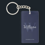 Navy Personalized Groomsmen's name and Monogram  Keychain<br><div class="desc">Add a personal touch to your wedding with personalized groomsmen keychain. This keychain features personalized groomsman's name in white classic script font style with wedding details in white classic serif font style and monogram in light navy blue classic serif font style as background, on navy blue background. Also perfect for...</div>