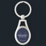 Navy Personalized Groomsmen's name and monogram Keychain<br><div class="desc">Add a personal touch to your wedding with personalized groomsmen keychain. This keychain features personalized groomsman's name with title and wedding date in white and monogram in light navy blue as background, in classic serif font style, on navy blue background. Also perfect for best man, father of the bride, ring...</div>