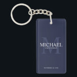 Navy Personalized Groomsmen's name and monogram Keychain<br><div class="desc">Add a personal touch to your wedding with personalized groomsmen keychain. This keychain features personalized groomsman's name with title and wedding date in white and monogram in light navy blue as background, in classic serif font style, on navy blue background. Also perfect for best man, father of the bride, ring...</div>
