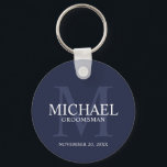 Navy Personalized Groomsmen's name and monogram Keychain<br><div class="desc">Add a personal touch to your wedding with personalized groomsmen keychain. This keychain features personalized groomsman's name with title and wedding date in white and monogram in light navy blue as background, in classic serif font style, on navy blue background. Also perfect for best man, father of the bride, ring...</div>