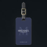 Navy Personalized Groomsmen's name and monogram Luggage Tag<br><div class="desc">Add a personal touch to your wedding with personalized groomsmen luggage tag. This luggage tag features personalized groomsman's name with title and wedding date in white and monogram in light navy blue as background, in classic serif font style, on navy blue background. Also perfect for best man, father of the...</div>