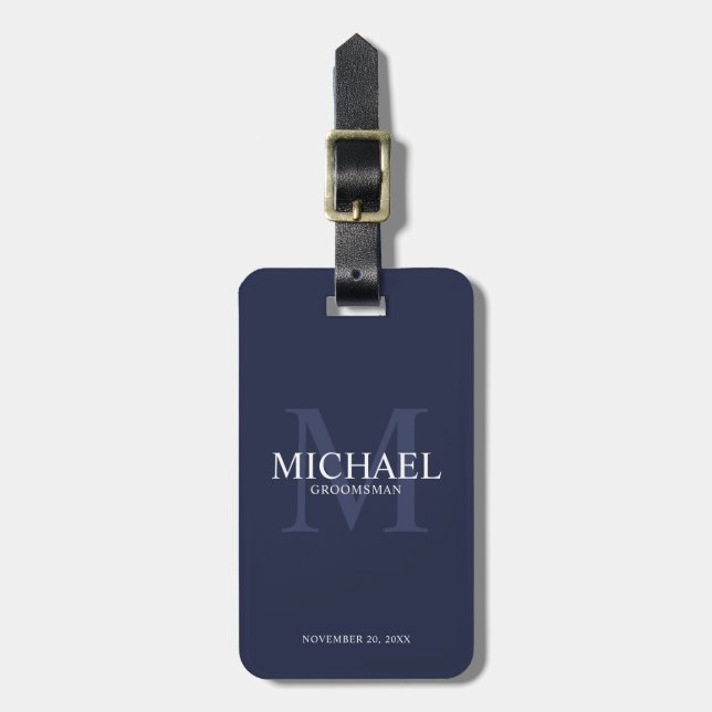 Navy Personalized Groomsmen's name and monogram Luggage Tag (Front Vertical)