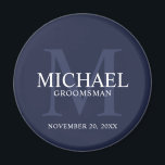 Navy Personalized Groomsmen's name and monogram Magnet<br><div class="desc">Add a personal touch to your wedding with personalized groomsmen magnet. This magnet features personalized groomsman's name with title and wedding date in white and monogram in light navy blue as background, in classic serif font style, on navy blue background. Also perfect for best man, father of the bride, ring...</div>