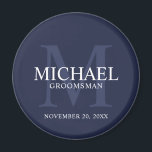 Navy Personalized Groomsmen's name and monogram Magnet<br><div class="desc">Add a personal touch to your wedding with personalized groomsmen magnet. This magnet features personalized groomsman's name with title and wedding date in white and monogram in light navy blue as background, in classic serif font style, on navy blue background. Also perfect for best man, father of the bride, ring...</div>
