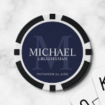 Navy Personalized Groomsmen's name and monogram Poker Chips<br><div class="desc">Add a personal touch to your wedding with personalized groomsmen poker chips. This design features personalized groomsman's name with title and wedding date in white and monogram in light navy blue as background, in classic serif font style, on navy blue background. Also perfect for best man, father of the bride...</div>