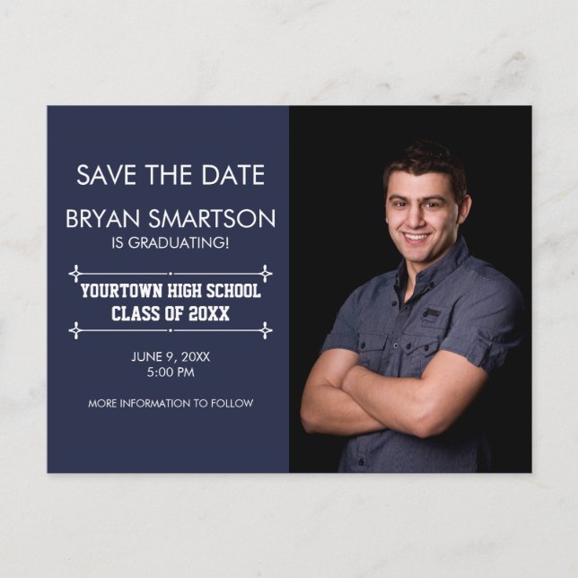 Navy Personalized Photo Graduation Save the Date Postcard (Front)