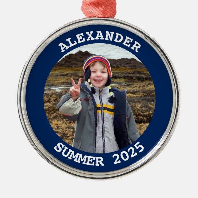 Navy Personalized Round Family Photo Metal Ornament (Front)