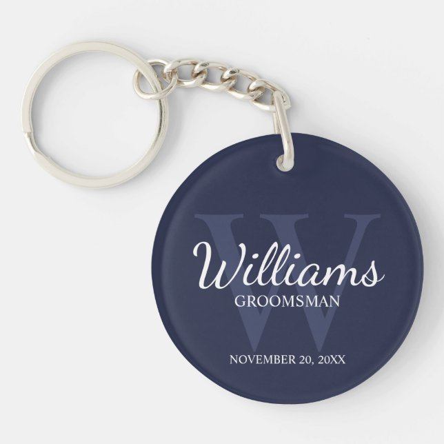 Navy Personalized Script Groomsmen name&Monogram  Keychain (Front)