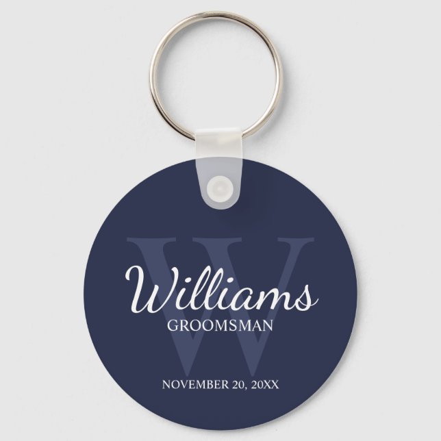 Navy Personalized Script Groomsmen name&Monogram Keychain (Front)