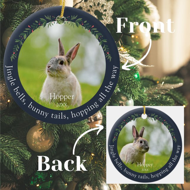 Navy Pet Rabbit Bunny Photo Christmas  Ceramic Ornament (Creator Uploaded)