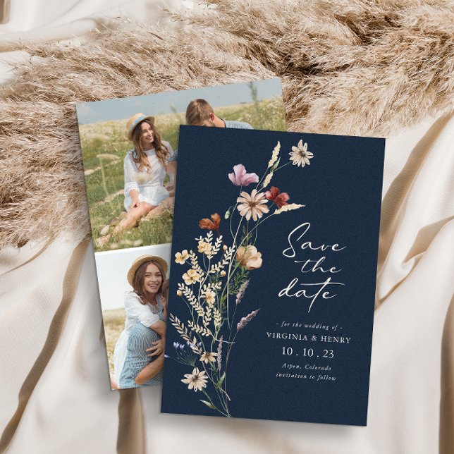 Navy Photo Boho Save The Date Flat Card (Creator Uploaded)