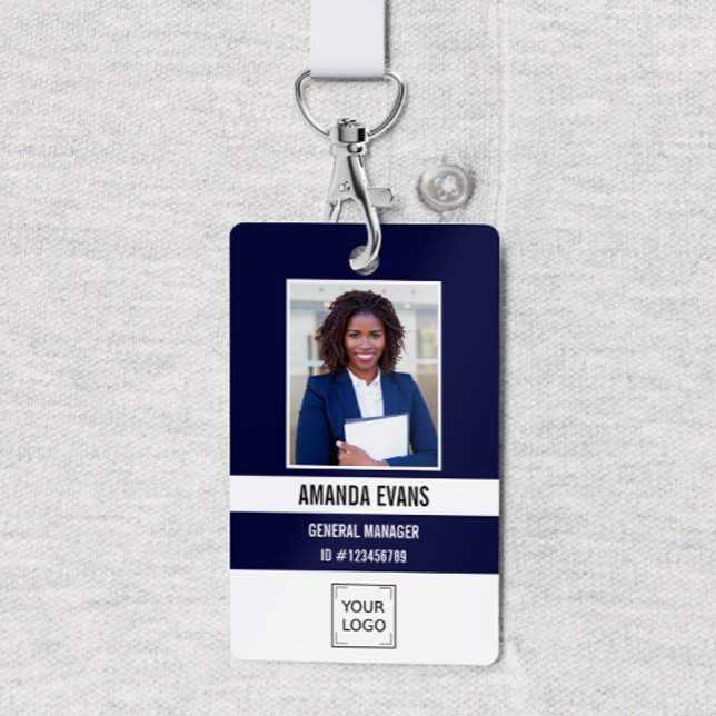 Navy | Photo Employee Logo or QR CODE Security Badge (Professional Identification Badge with Photo and corporate Logo or QR CODE)